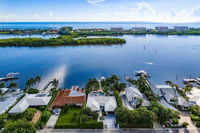 bird's eye view with a water view