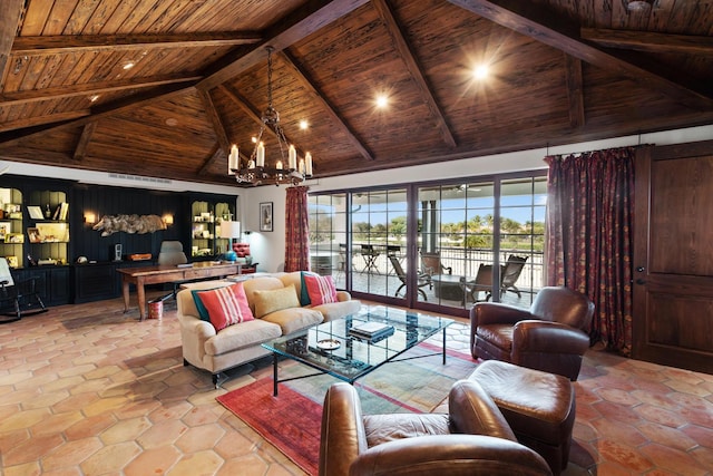 tiled living room featuring beam ceiling, wooden ceiling, high vaulted ceiling, and an inviting chandelier