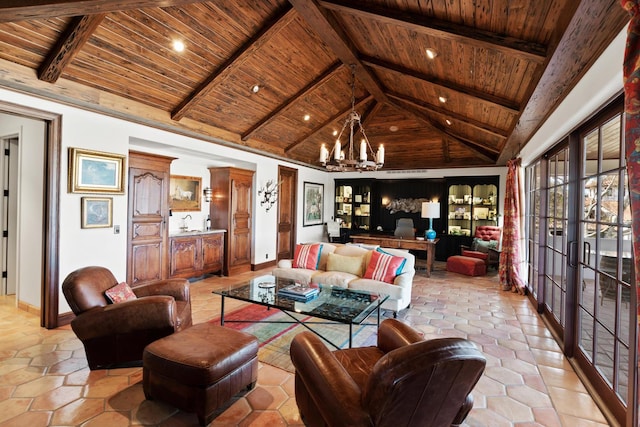 tiled living room featuring beamed ceiling, high vaulted ceiling, wood ceiling, and an inviting chandelier