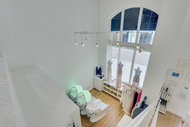 interior space with a high ceiling and light wood-type flooring