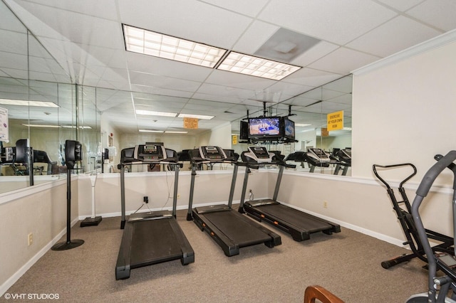 exercise room with crown molding, carpet flooring, and a paneled ceiling