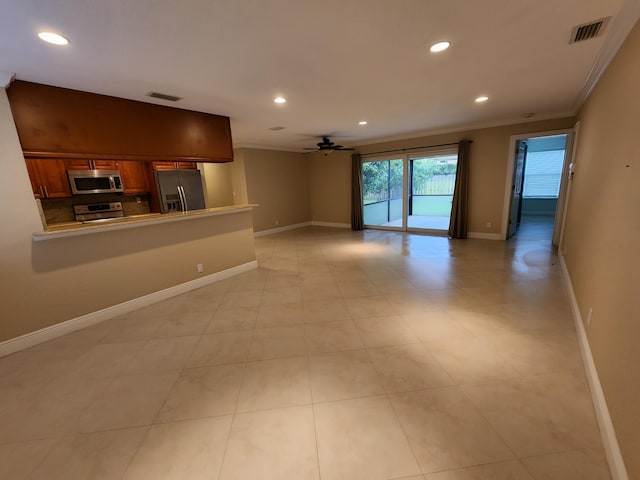 unfurnished living room with crown molding, ceiling fan, and light tile flooring