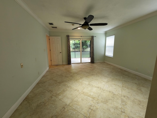 tiled spare room with crown molding and ceiling fan