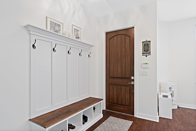 mudroom featuring dark wood-type flooring