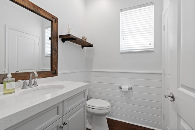 bathroom with toilet, wood-type flooring, and vanity with extensive cabinet space