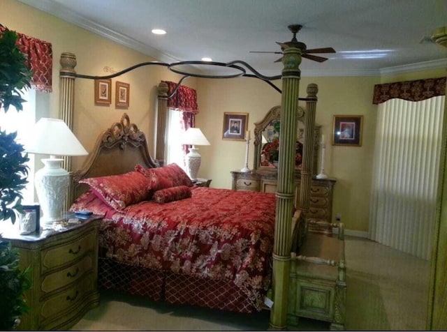 bedroom featuring ceiling fan and ornamental molding