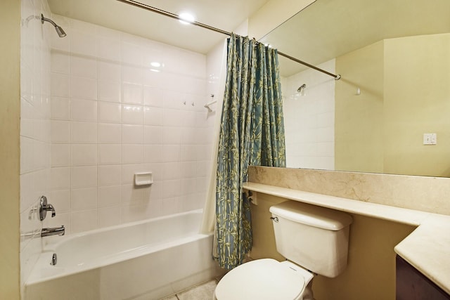 full bathroom featuring vanity, shower / bath combination with curtain, and toilet