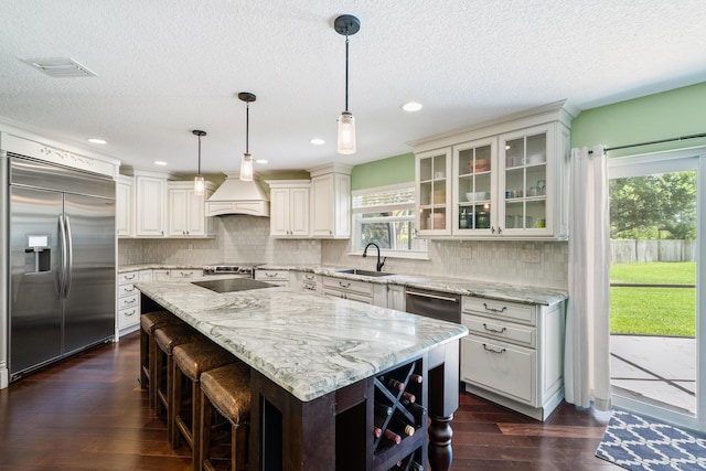 kitchen with dark hardwood / wood-style flooring, tasteful backsplash, stainless steel appliances, and custom exhaust hood