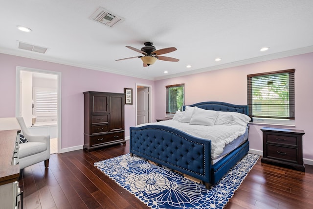 bedroom with dark hardwood / wood-style floors, ornamental molding, and ceiling fan