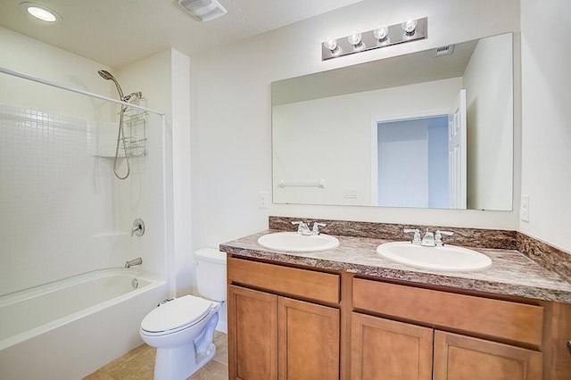 full bathroom with toilet, bathing tub / shower combination, dual bowl vanity, and tile flooring