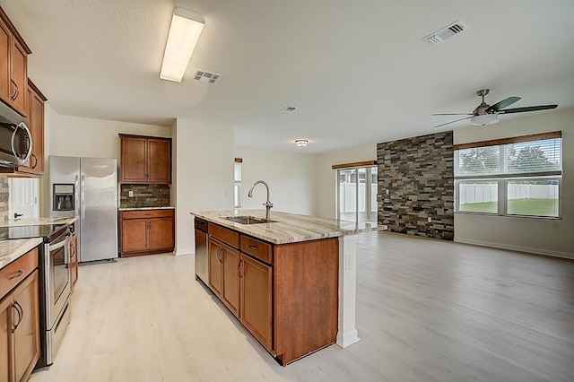 kitchen featuring backsplash, ceiling fan, appliances with stainless steel finishes, light hardwood / wood-style floors, and sink