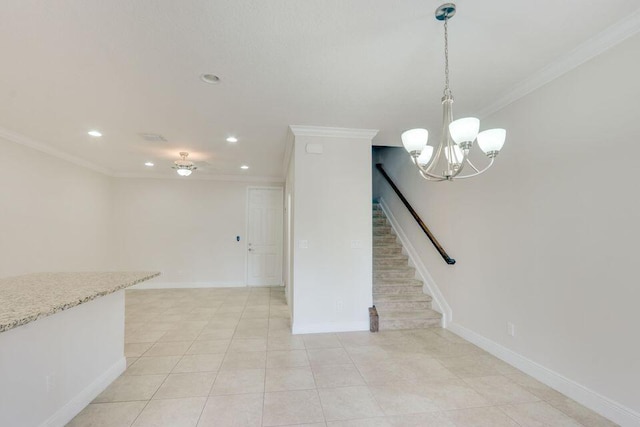 unfurnished living room with light tile floors, a notable chandelier, and ornamental molding