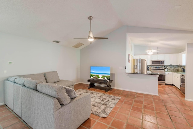 living room with light tile floors, high vaulted ceiling, and ceiling fan