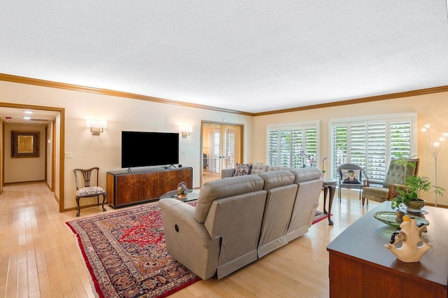 living room with crown molding, light hardwood / wood-style flooring, and a textured ceiling