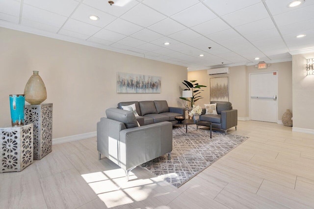 tiled living room featuring a wall unit AC and crown molding