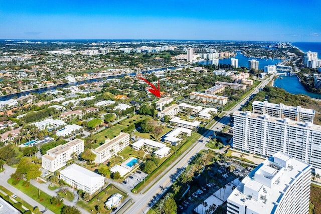 drone / aerial view with a water view