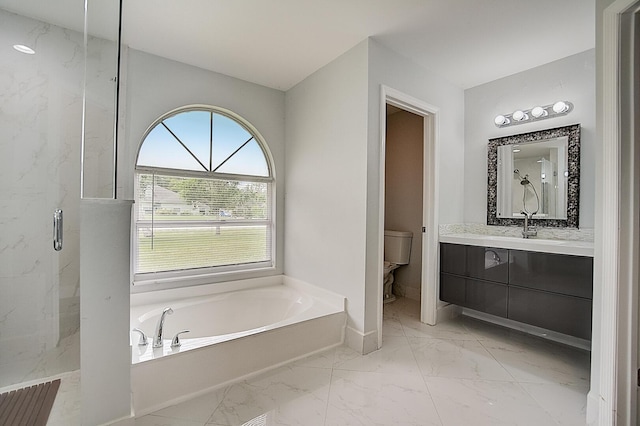 full bathroom with vanity, tile flooring, independent shower and bath, and toilet