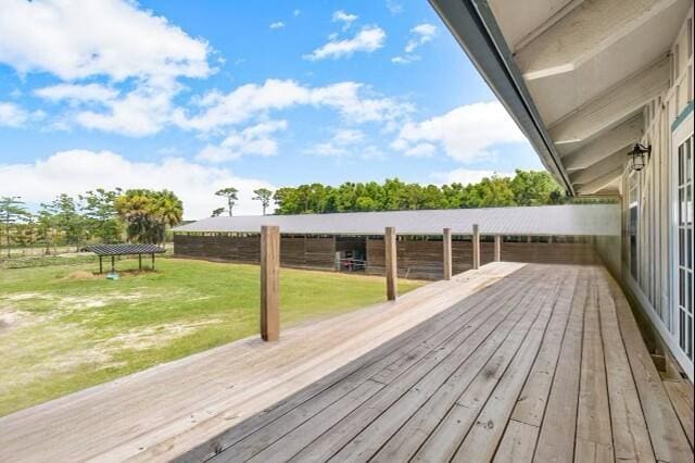 wooden deck featuring a lawn