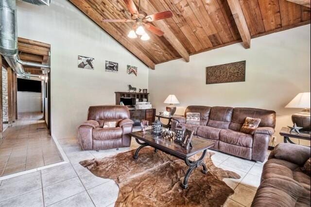 tiled living room with wooden ceiling, ceiling fan, high vaulted ceiling, and beamed ceiling