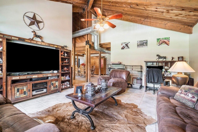 tiled living room featuring wood ceiling, beam ceiling, high vaulted ceiling, and ceiling fan