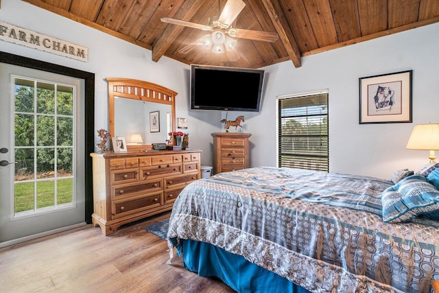 bedroom with wood-type flooring, wooden ceiling, and beamed ceiling