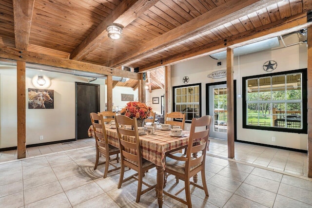 tiled dining area featuring beam ceiling and wood ceiling