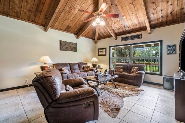 tiled living room with high vaulted ceiling, beam ceiling, wood ceiling, and ceiling fan