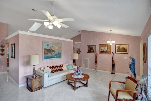 living room with lofted ceiling, light tile floors, and ceiling fan with notable chandelier