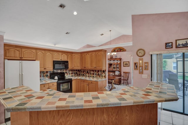 kitchen featuring lofted ceiling, ceiling fan, black appliances, light tile flooring, and tasteful backsplash