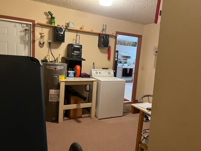 clothes washing area with electric water heater, a textured ceiling, light colored carpet, and washer / dryer