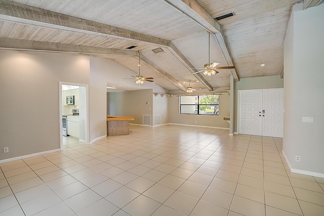 tiled spare room featuring high vaulted ceiling, beam ceiling, wooden ceiling, and ceiling fan