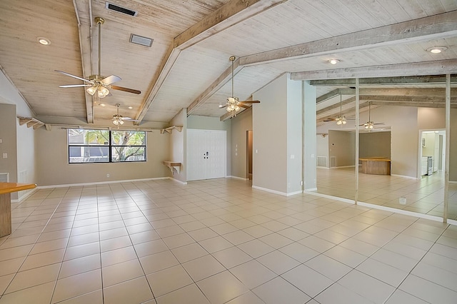 interior space featuring lofted ceiling with beams, wood ceiling, and ceiling fan