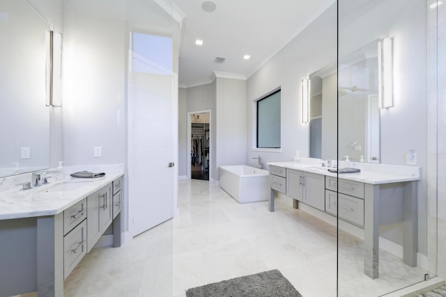 bathroom with crown molding, tile flooring, and dual vanity