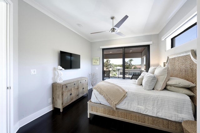 bedroom with dark wood-type flooring, ceiling fan, access to exterior, and crown molding