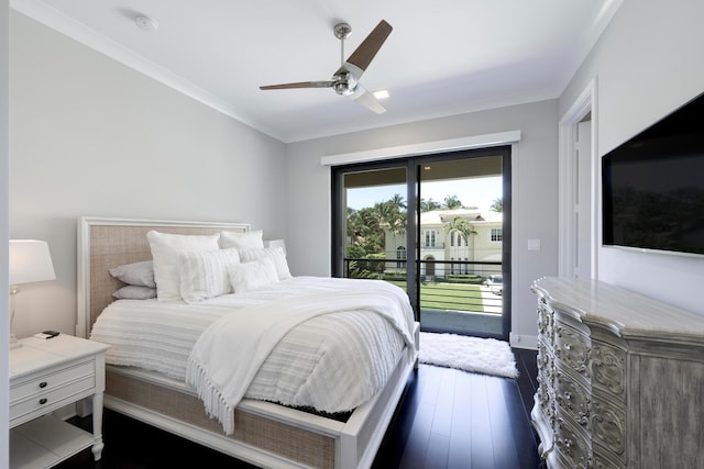 bedroom with dark hardwood / wood-style floors, ceiling fan, crown molding, and access to outside