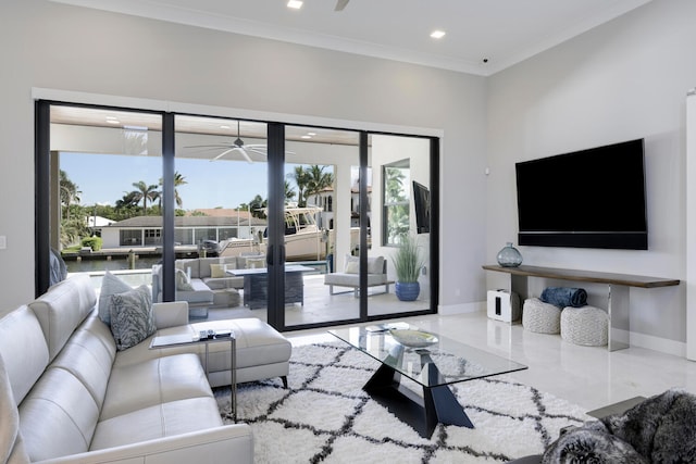 living room featuring tile flooring, ceiling fan, and crown molding