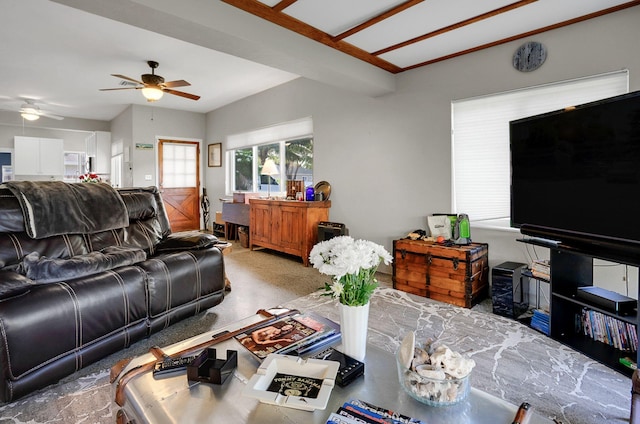 living room featuring carpet and ceiling fan