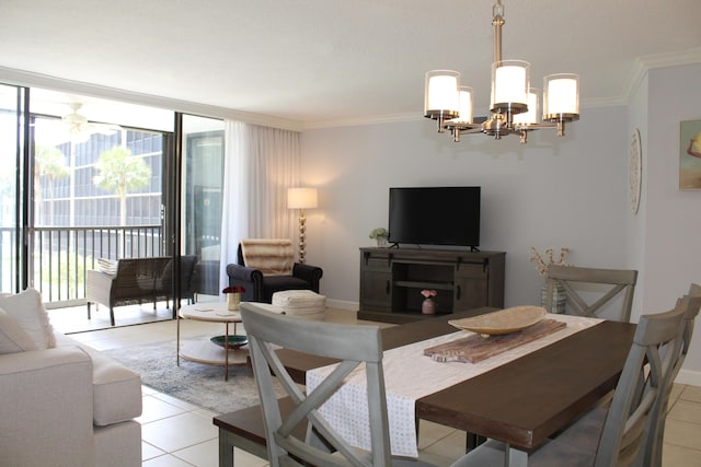 dining area with light tile floors, a chandelier, and crown molding