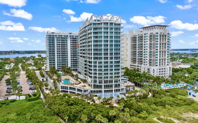 view of building exterior featuring a water view