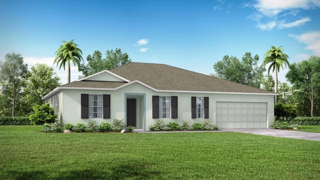 single story home featuring a front lawn and a garage