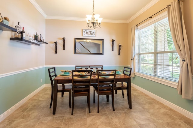 tiled dining space with crown molding and an inviting chandelier