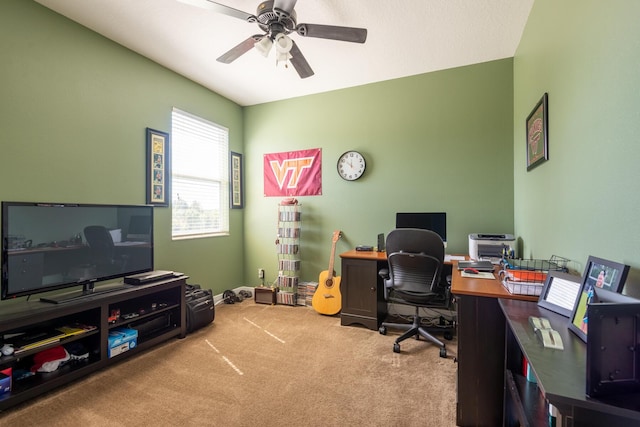 office space with carpet flooring and ceiling fan