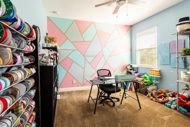 interior space featuring dark colored carpet and ceiling fan