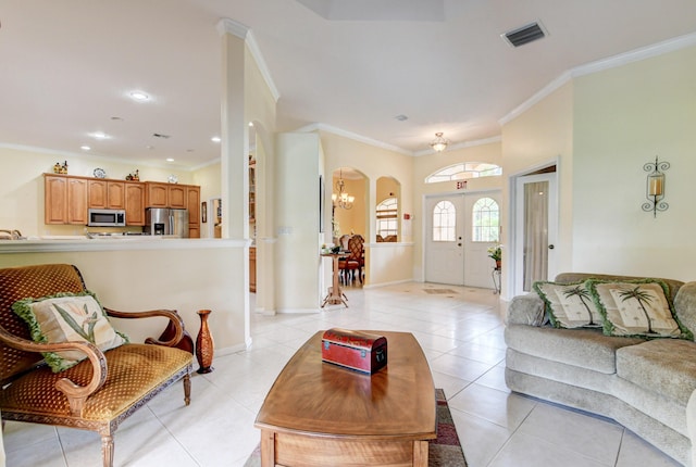 tiled living room with crown molding