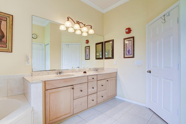 bathroom with double sink vanity, ornamental molding, tile flooring, and a bathing tub