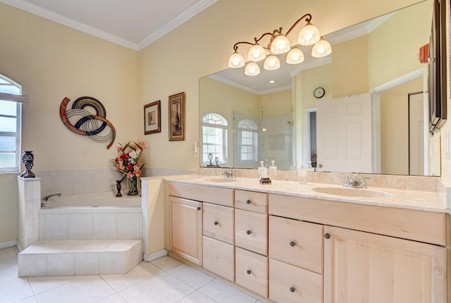 bathroom with a relaxing tiled bath, double sink, ornamental molding, tile flooring, and large vanity