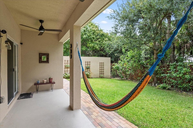 view of yard featuring a patio area and ceiling fan