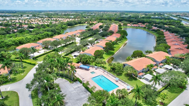 aerial view featuring a water view