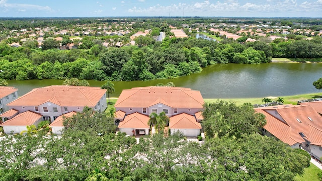 drone / aerial view featuring a water view