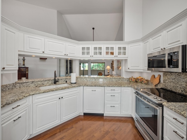 kitchen featuring sink, stainless steel appliances, dark wood-type flooring, high vaulted ceiling, and white cabinetry